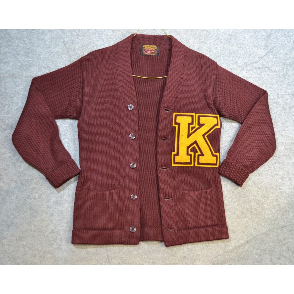 VTG O'Shea Knitting Mills Cardigan Sweater Mens M Red Wool V Neck Varsity K